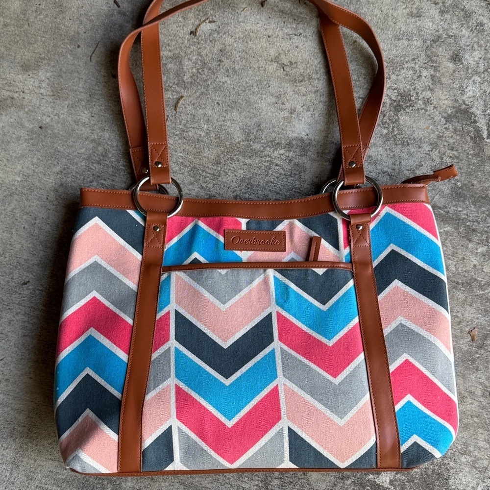Chevron Canvas Tote Bag with Brown Trim - Multicolor